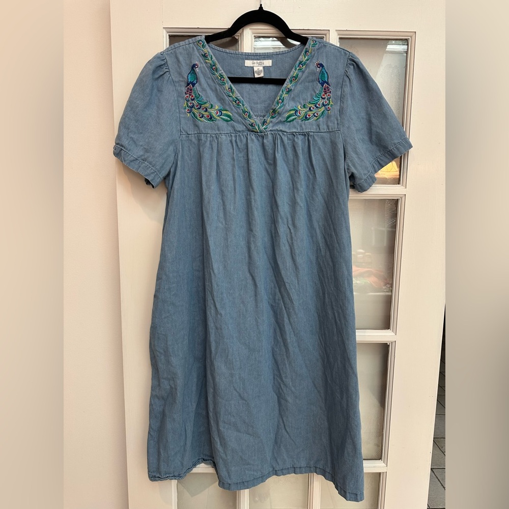 Go Softly Patio Blue Chambray Embroidered Peacock 100% Cotton Sundress Size M